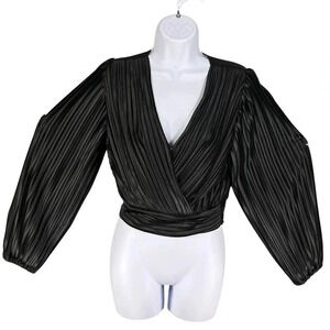 Japna NEW Womens S Black Pleated Long Bishop Sleeve Wrap Blouse Fairygoth Silky